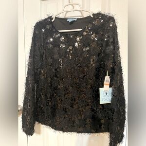 CeCe black eyelash textured sequin top (S) NWT